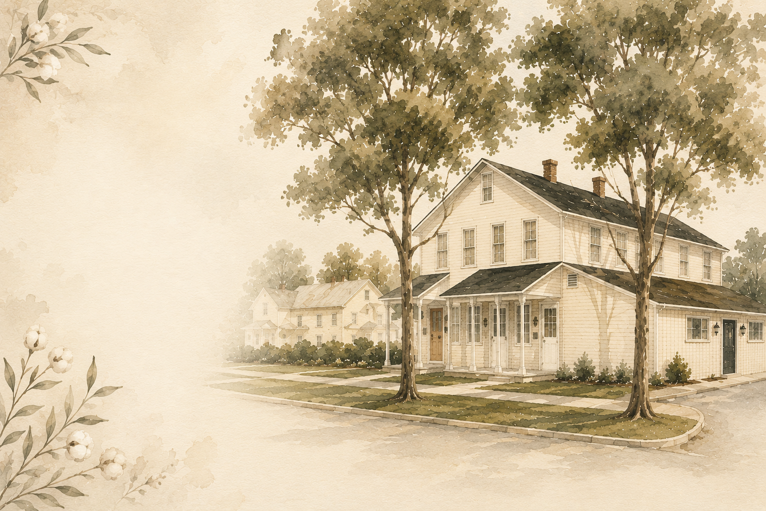 An elegant home framed by mature trees on a quiet tree-lined street